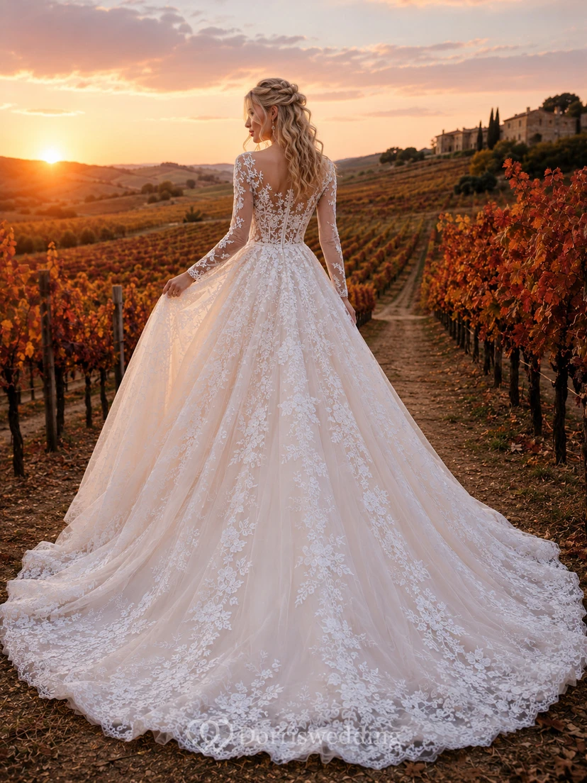 Fall Vineyard Lace Sleeve Ball Gown Wedding Dress view 2