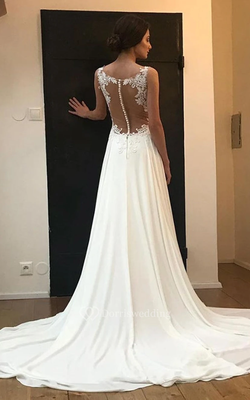 Robe de mariée romantique en mousseline de soie, coupe trapèze, sans manches, style bateau, ornée d'appliqués, idéale pour la view 2