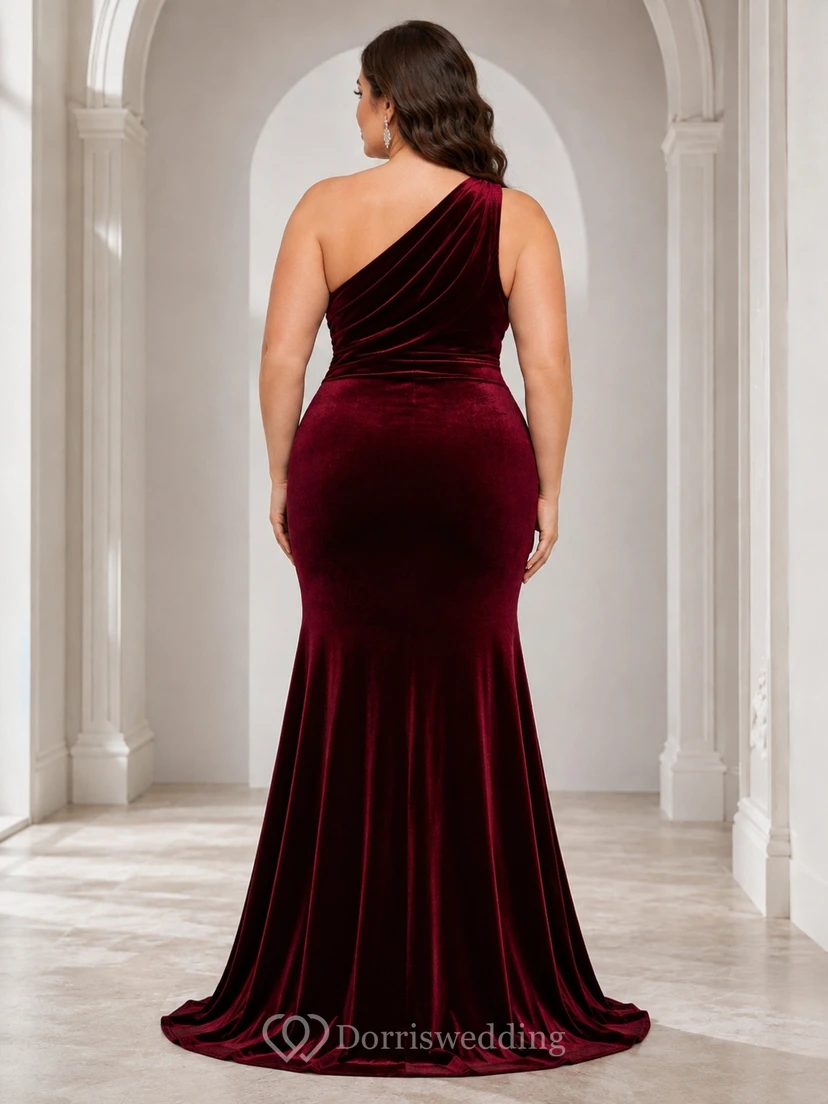 Vestido de noche formal de terciopelo burdeos con un solo hombro, corte sirena, talla grande view 2
