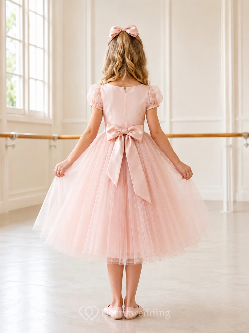 Pink Lace Tulle A-Line Flower Girl Dress with Short Sleeves, Jewel Neck, Tea-Length Skirt and Bow Detail view 2