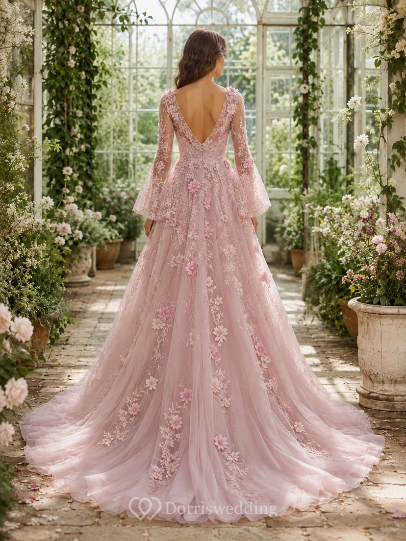 Blush Long Bell Sleeve 3D Floral Garden Bridal Gown view 2