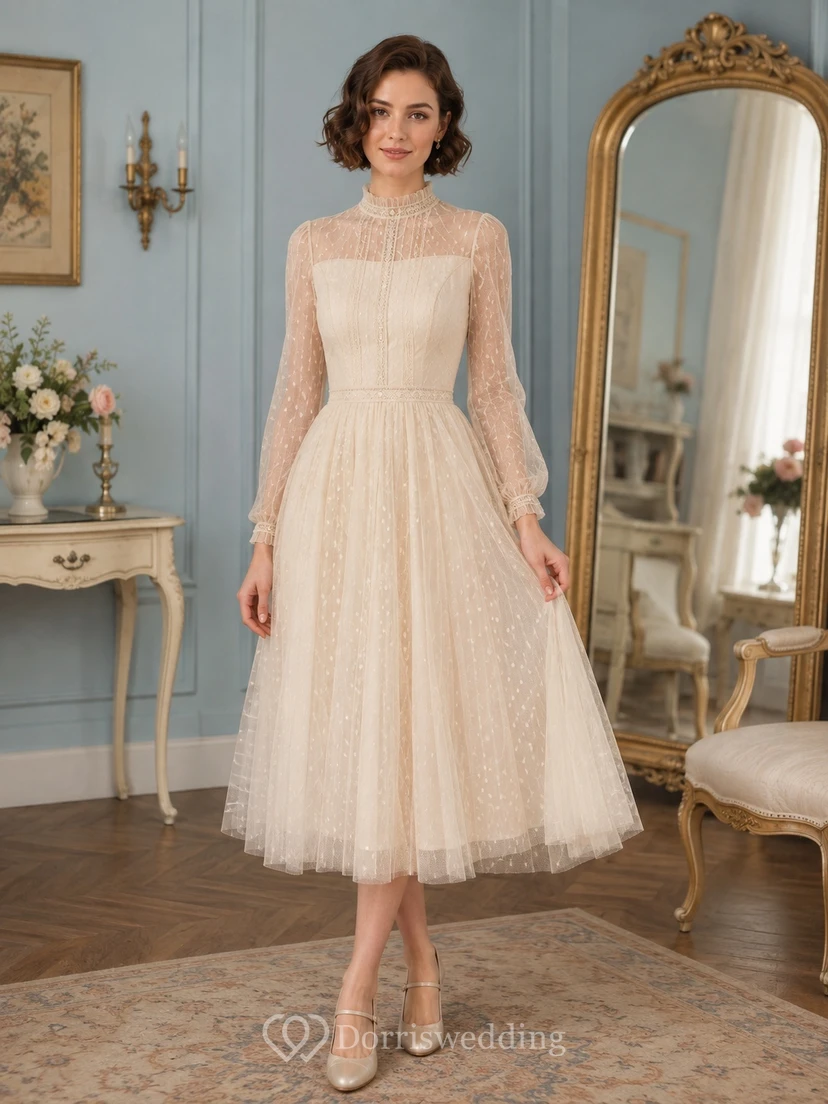 Champagnerfarbenes, hochgeschlossenes, langärmeliges A-Linien-Kleid in Teelänge im dezenten Vintage-Stil