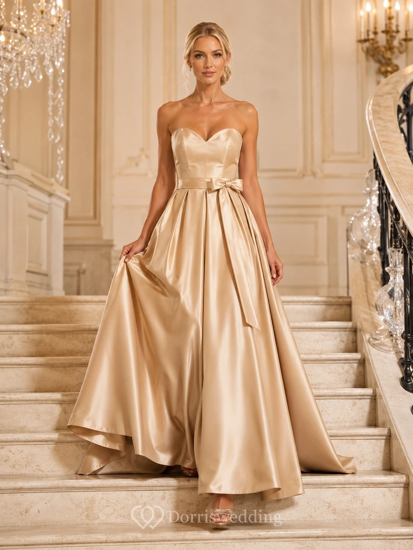 Champagne Strapless Sweetheart Satin Ball Gown Sweep Train Dress