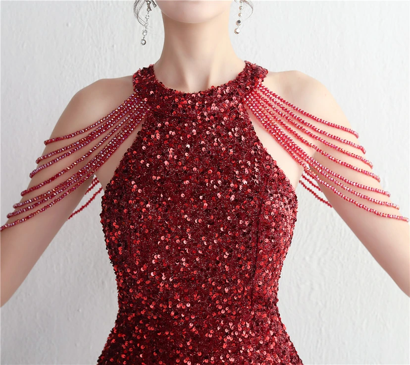 Heavy-Duty Glass Bead Craft Beaded Banquet Evening Dress Temperament Elegant Long Halter Neck Slit Sequins view 48
