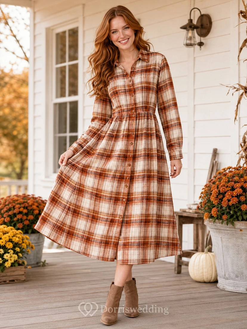 Vestido midi de manga larga con cuello camisero a cuadros color óxido para otoño