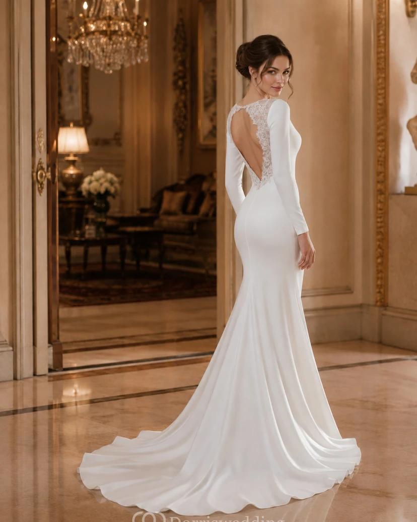 Simple Satin Long Sleeve Sheath Wedding Dress with Court Train and Keyhole Back view 3