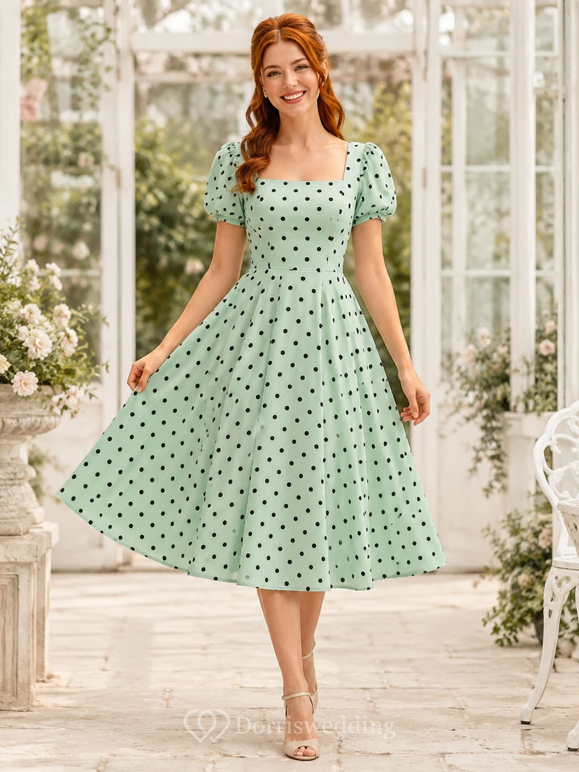 Mint Polka Dot Square Neck Puff Sleeve Swing Dress