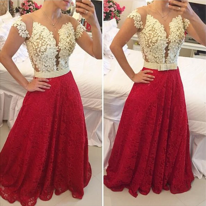 Sexy A-line Lace Appliques Prom Dress Pearls Cap Sleeve view 2