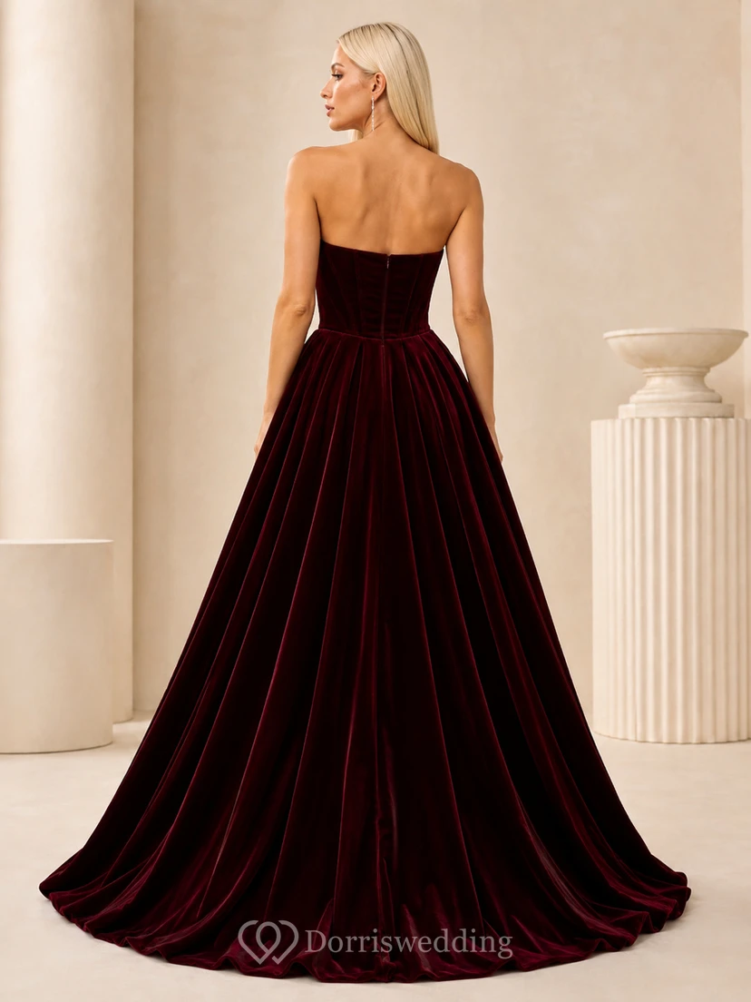 Burgunderrotes, trägerloses Samtballkleid, luxuriöses bodenlanges Abendkleid für Prominente view 2