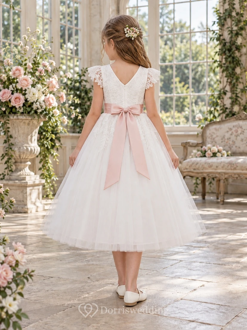 Vestido de niña de flores blanco con estampado floral, corte en A, mangas cortas, fajín rosa y espalda en V. view 2