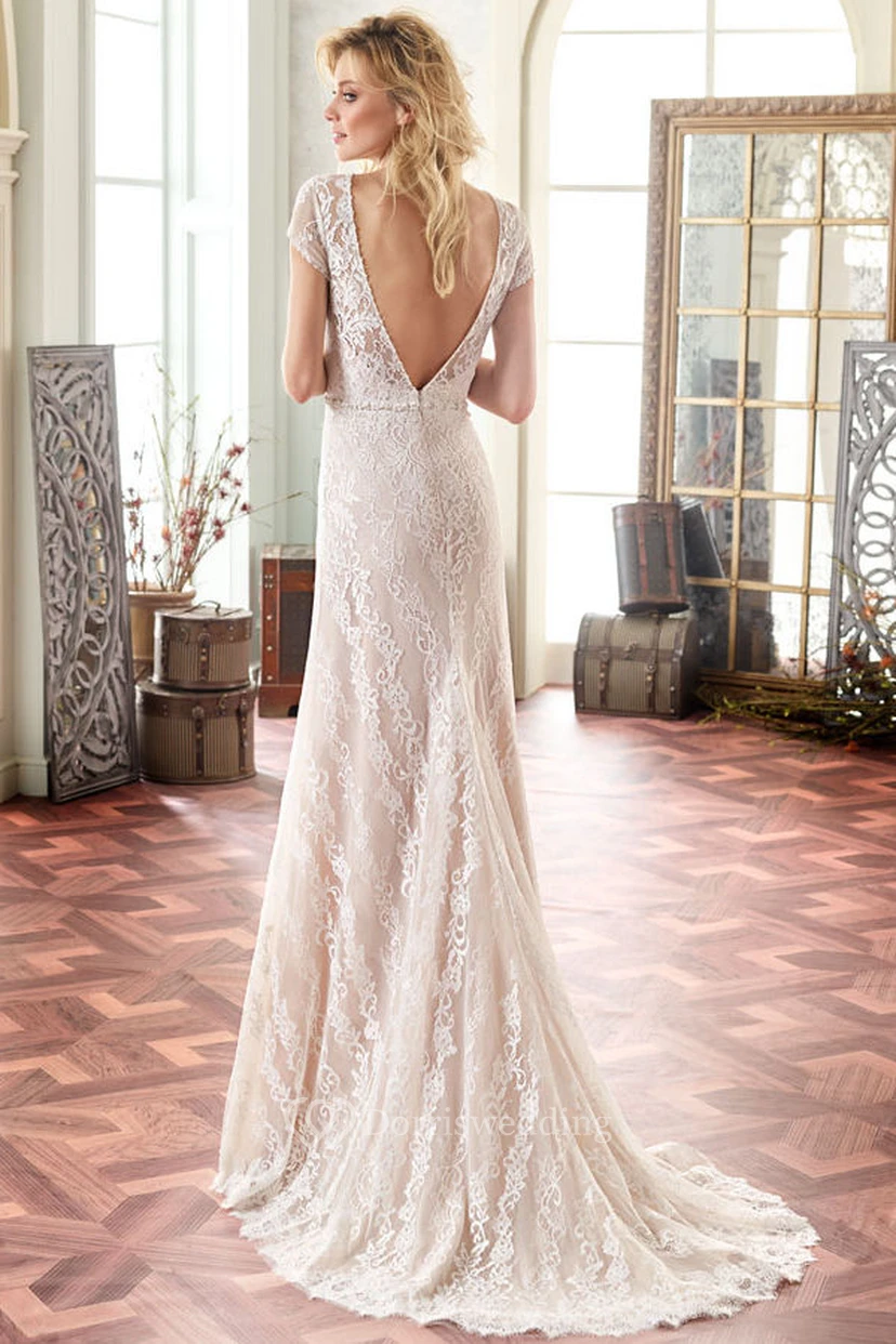 Maxi Scoop Cap-Sleeve Jeweled Lace Wedding Dress With Sweep Train And V Back view 2