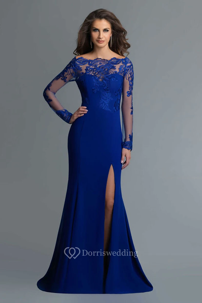 Sheath Maxi Off-The-Shoulder Long Sleeve Jersey Illusion Dress With Lace And Split Front