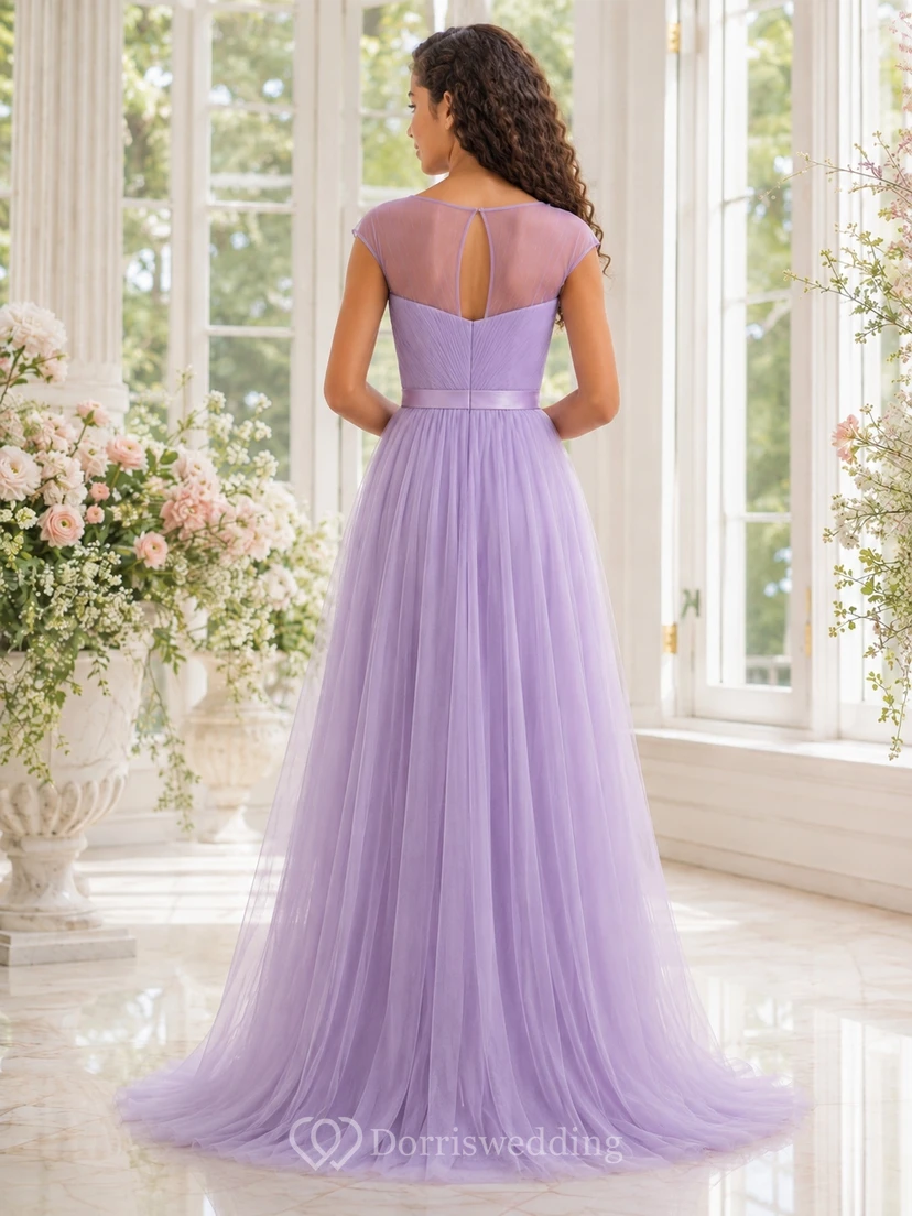 Lavendelfarbenes Brautjungfernkleid, A-Linie, herzförmiger Schnitt, kurze Ärmel, Tüll, romantisch view 2
