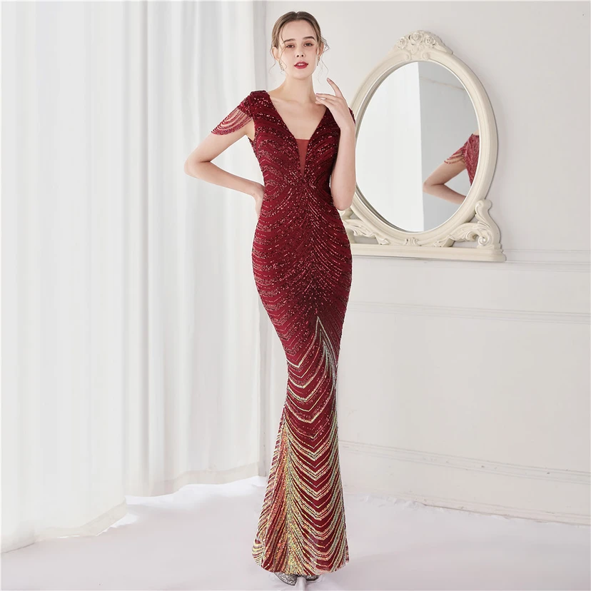 Paillettenbesetztes, handwerklich perfekt gefertigtes, perlenbesetztes Party-Abendkleid – sexy langes Kleid für die Braut view 12