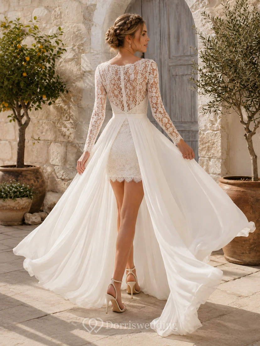 Bohemian Short V-Neck Long Lace Sleeve Detachable Romantic Wedding Dress view 2