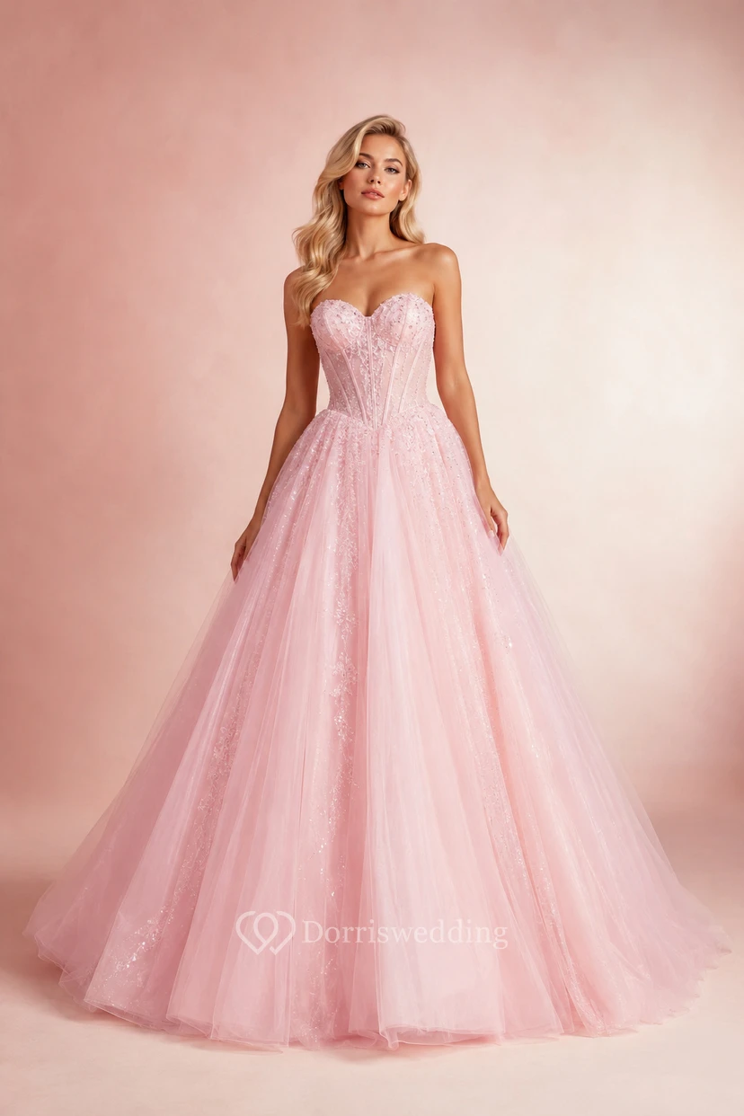 Blushing Pink Strapless Glitter Tulle Ball Gown Prom Dress