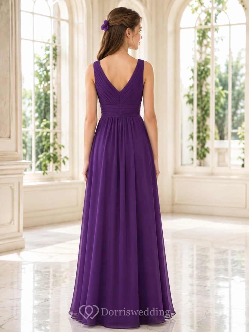 Amethystfarbenes Brautjungfernkleid für junge Damen, A-Linie, V-Ausschnitt, ärmellos, elegant, formell view 2