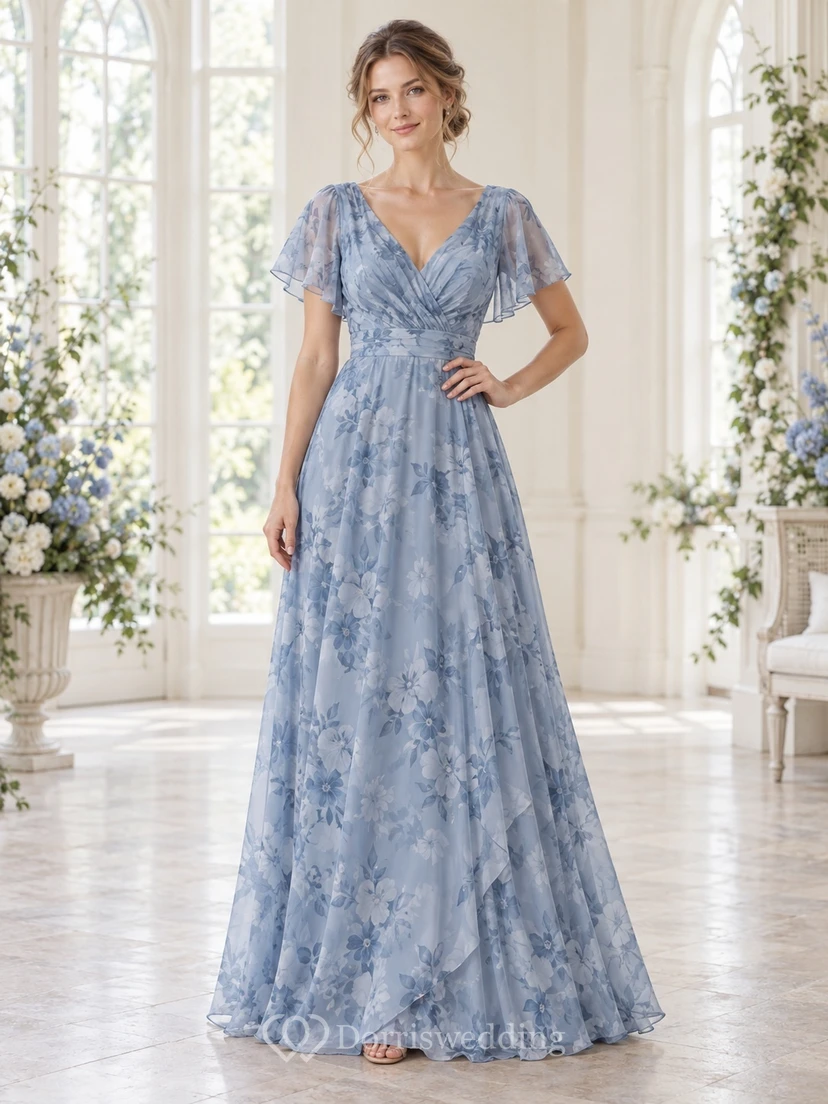Vestido de dama de honor de gasa azul empolvado con escote en V, mangas con volantes y corte en A, largo hasta el suelo.