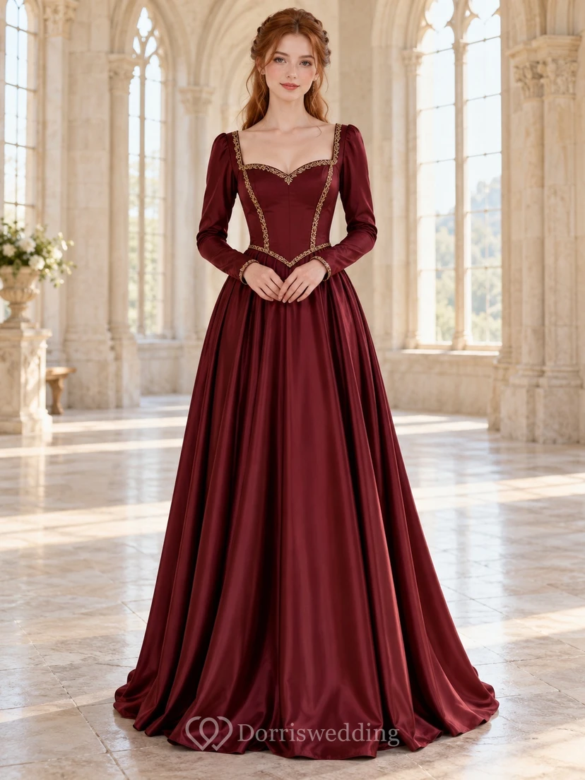 Robe de demoiselle d'honneur médiévale en velours bordeaux à décolleté cœur et manches longues, ornée de bordures dorées