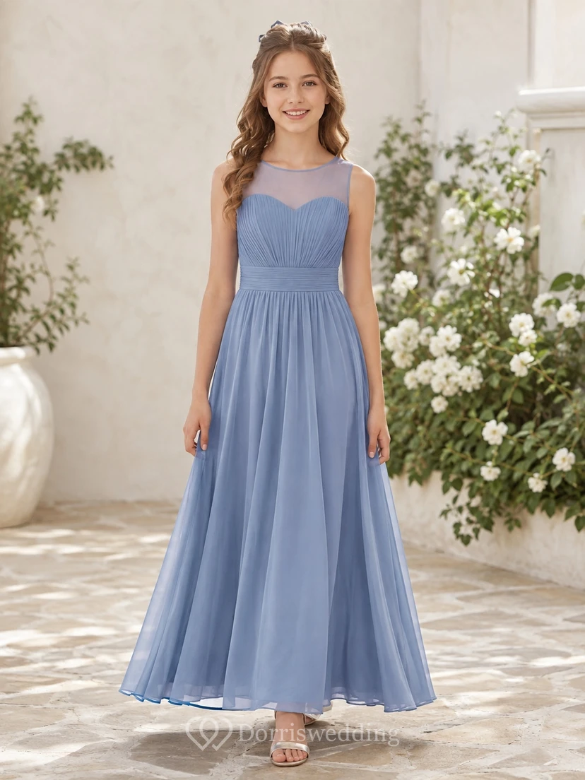 Vestido de dama de honor juvenil azul pizarra, corte en A, largo hasta el suelo, sin mangas, falda plisada, estilo romántico.
