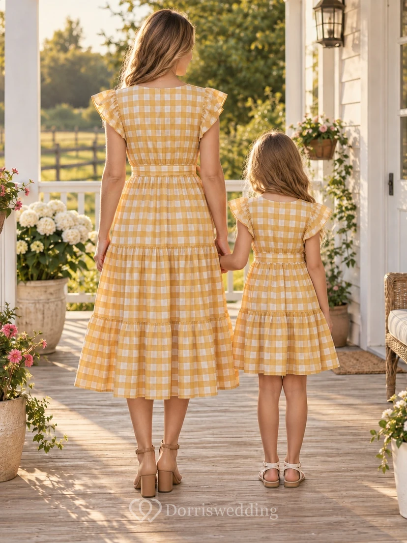 Country Tea-length Yellow Gingham V-neck Cap Sleeve Matching Family Dress view 2