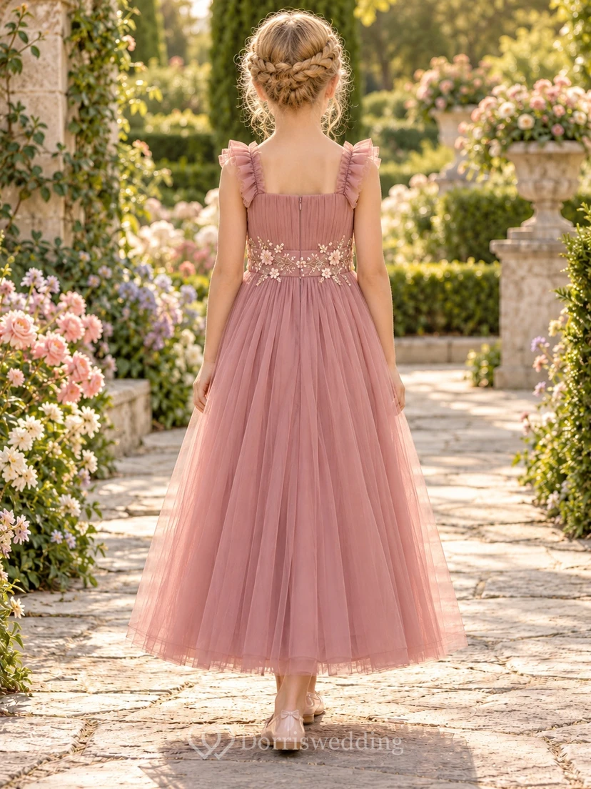 Dusty Rose Square Neck Ruffle Strap Floral Flower Girl Dress view 2