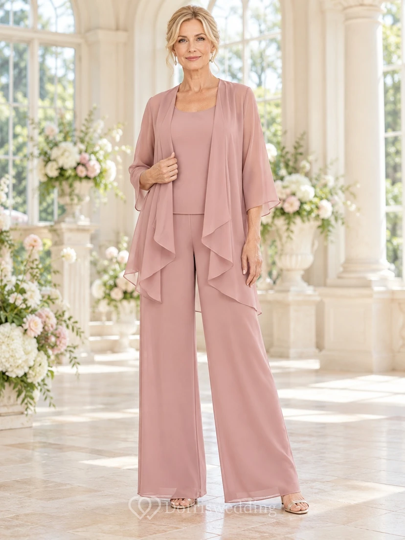 Dusty Rose Three-quarter Sleeve Waterfall Jacket Wide Leg Mother Pantsuit