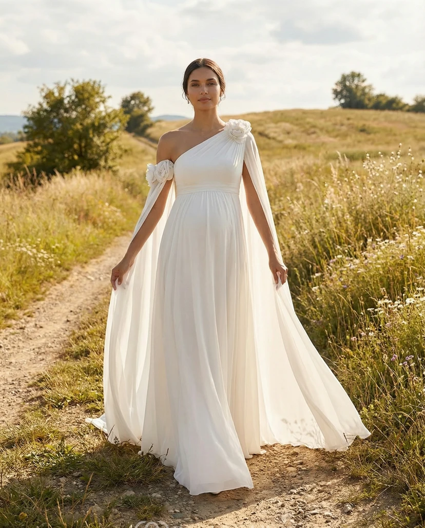 Robe de mariée de maternité blanche en dentelle à fines bretelles et traîne