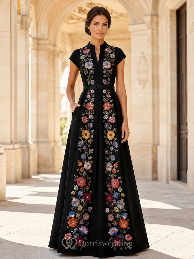 Black Floral Chiffon Jewel Neck Short Sleeve A-Line Formal Gown