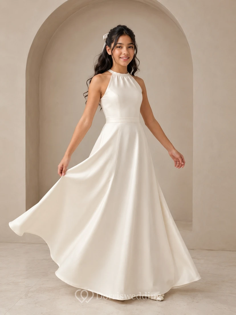 Junior-Brautjungfernkleid, A-Linie, hoher Kragen, ärmellos, Satin, schlicht