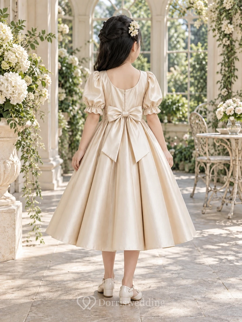 Tea-length Vintage Champagne A-line Satin Puff-sleeve Button-front Bow-back Flower Girl Dress view 2