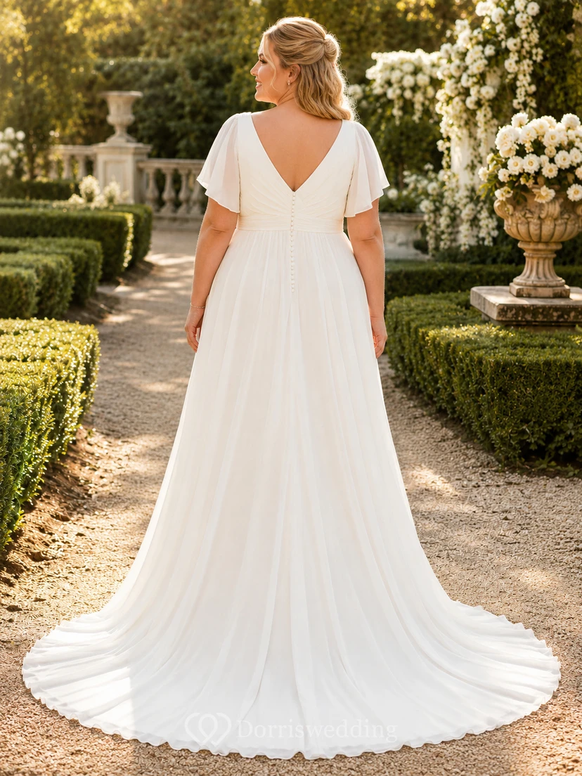 Robe de mariée minimaliste en mousseline, coupe trapèze, col en V, manches courtes, traîne. view 2