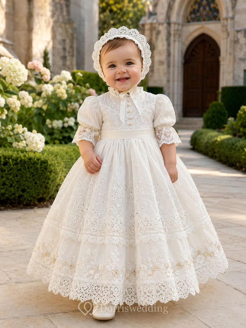 Vintage Baby Baptism Christening Ceremony Dress A-Line Tea-Length High Neck Puff Sleeve Tulle Lace Ruffle Trim Button Back