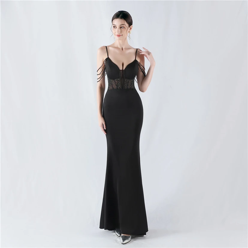 Vestido de noche con cintura de espiga, bordado de diamantes de imitación, ideal para banquetes y presentaciones. view 4