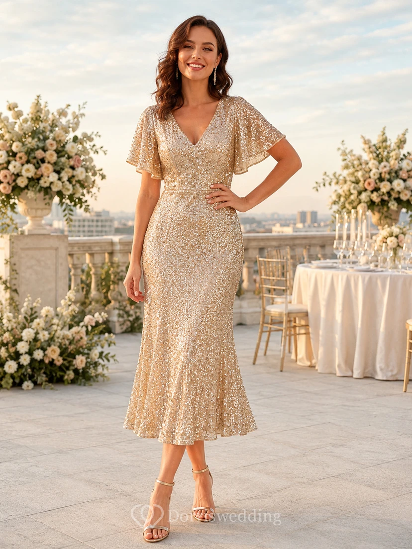 Golden Flutter Champagner Etuikleid mit Teelänge, V-Ausschnitt und kurzen Ärmeln, Pailletten – Luxus-Gästekleid