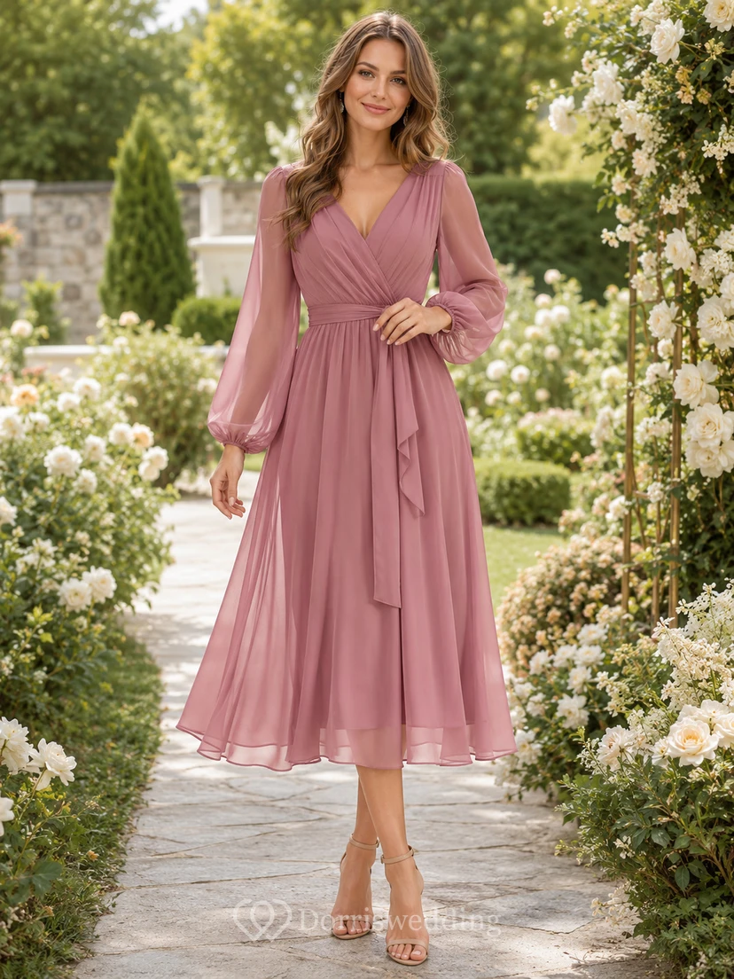 Dusty Rose V Neck Poet Sleeve Chiffon Midi Guest Dress
