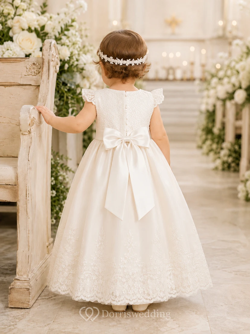 Baby Baptism Christening Ceremony Gown A-Line Tea-Length Jewel Neck Cap Sleeve Satin Tulle Bow Back Button Back view 2