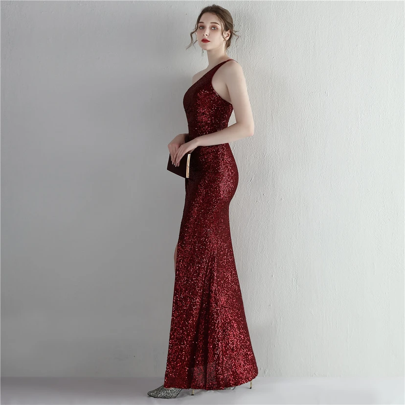 Sequined One-Shoulder Celebrity Cold Banquet Slit Long Sequin Aura Queen Dinner Fishtail Dress view 23