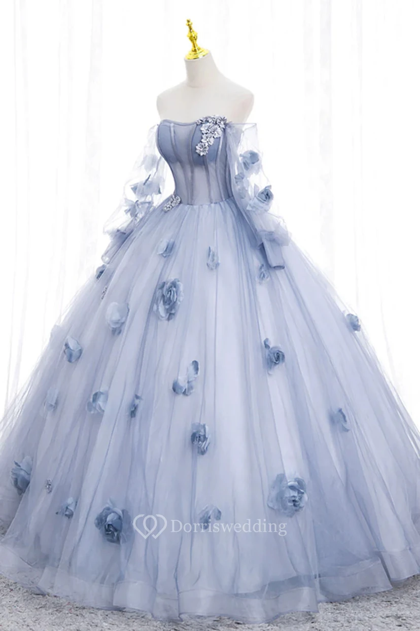 Robe de bal bustier bleu clair à fleurs view 3