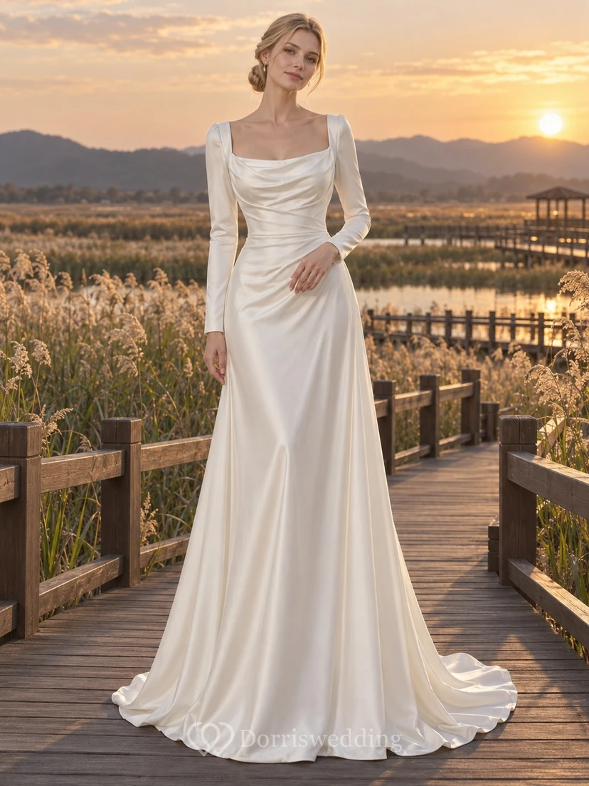 Schlichtes, langärmeliges Brautkleid aus Satin mit Wasserfallausschnitt und drapiertem Etui-Schnitt