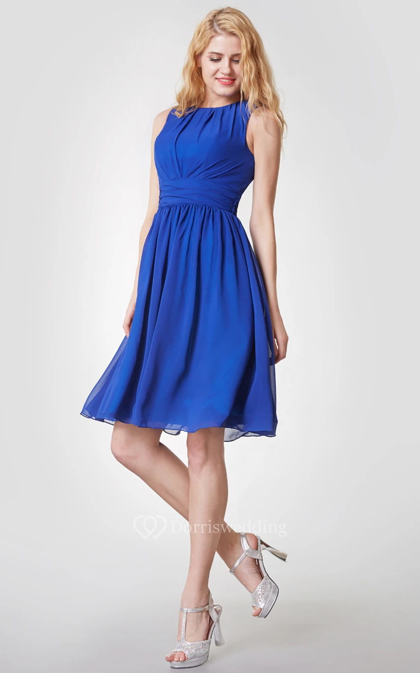Elegant High Neck Pleated Short Chiffon Dress With Sash view 5