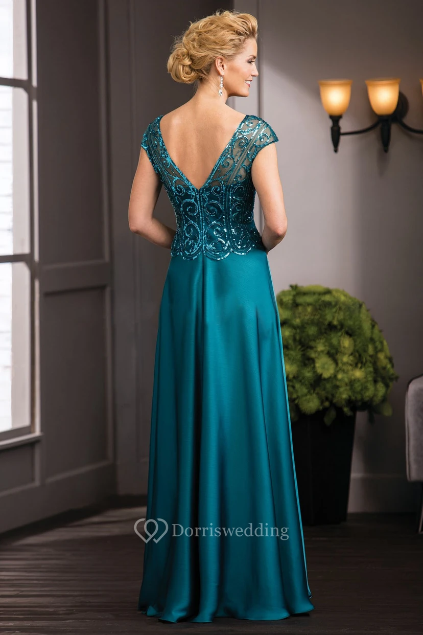 Kleid für die Mutter der Braut mit kurzen Ärmeln, V-Ausschnitt, Pailletten und V-Rückenausschnitt view 2