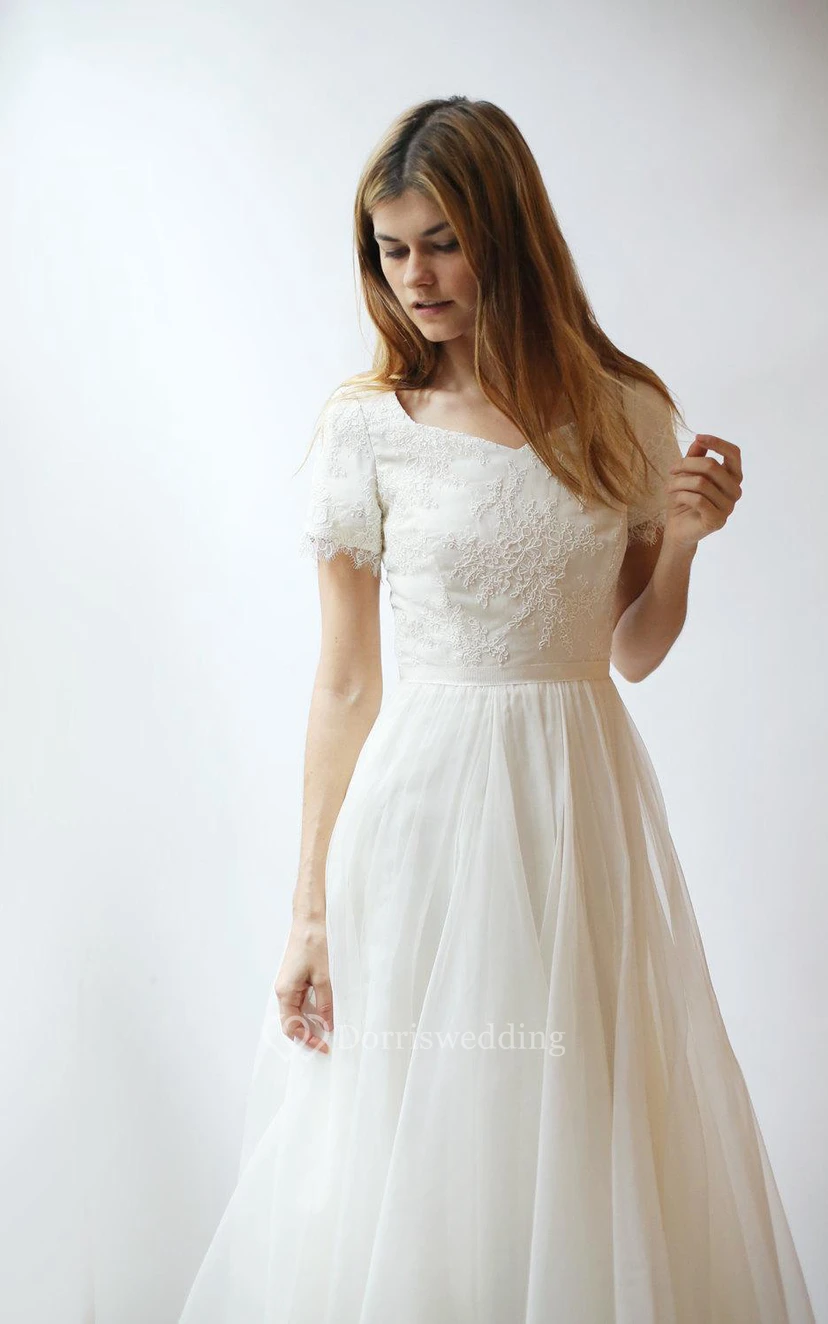 Short Sleeve V-Neck A-Line Lace and Tulle Dress With Pleats view 6
