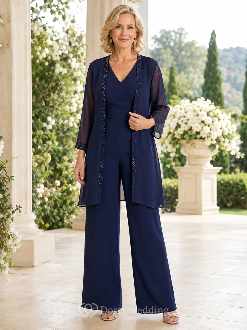Dark Navy Mother Jumpsuit with V-Neck Sheer Chiffon Jacket and Wide Leg Pants