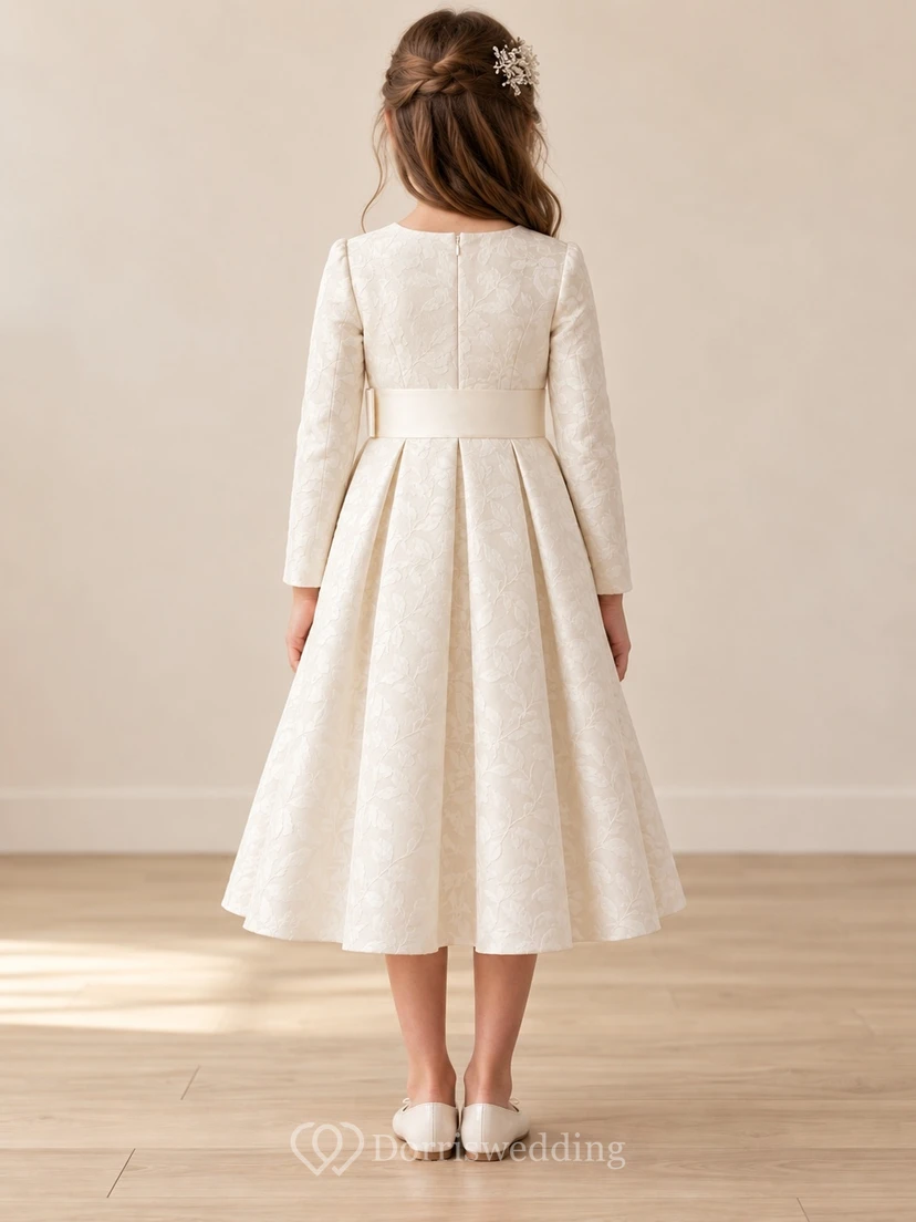 Modest Long Sleeve Cream Tea-length Folded Tab Banded Jacquard Pleated Flower Girl Dress view 2