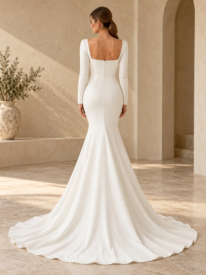 Simple Square Neck Long Sleeve Satin Mermaid Sweep Train Wedding Dress view 2