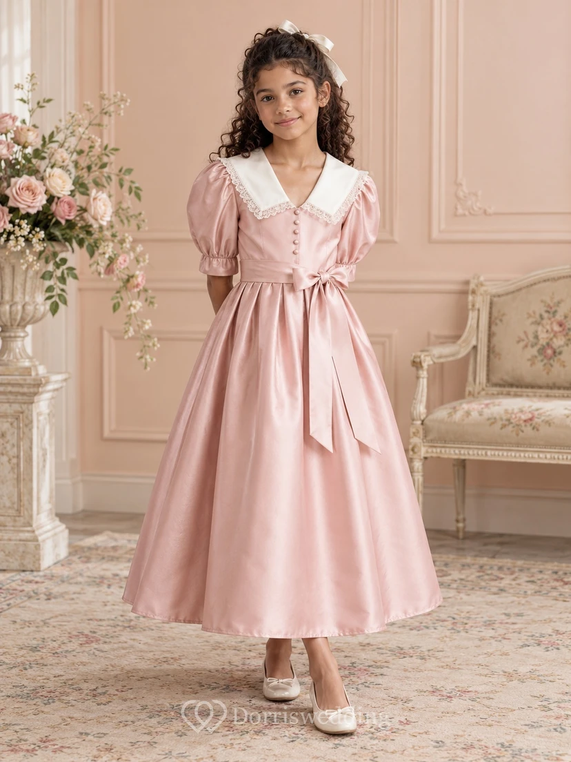 Vestido de niña de flores rosa vintage con corte en A, mangas abullonadas, cuello marinero y lazo lateral, de satén, largo hasta los tobillos.