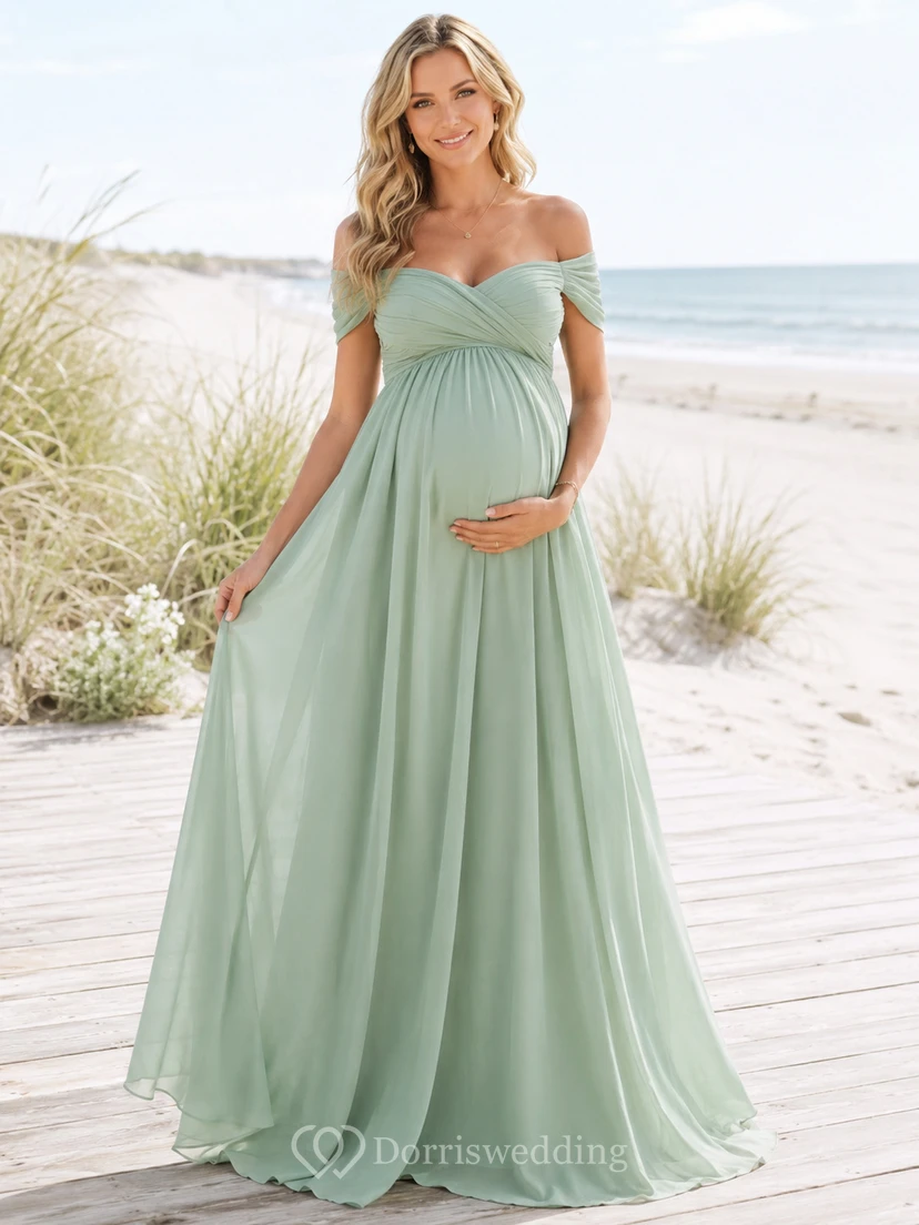 Vestido de playa largo hasta el suelo de gasa con escote corazón y hombros descubiertos de Sage Maternity