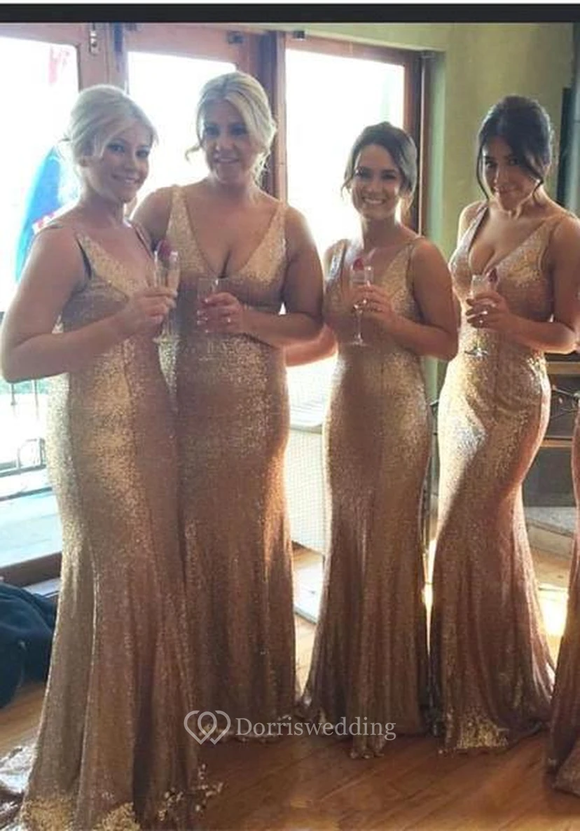 Stunnning V-Neck Sequins Gold Champagne Bridesmaid Dresses Plus Size Long Floor Length