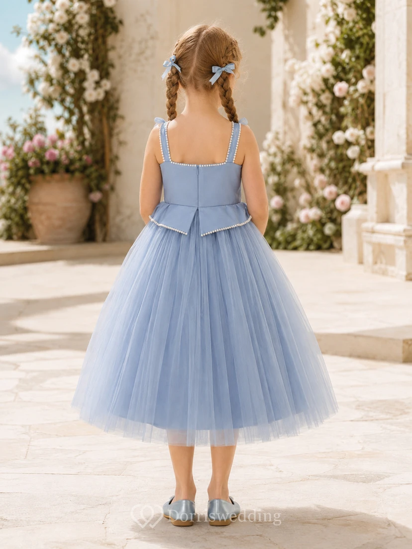 Sky Blue Basque Waist A-Line Tulle Flower Girl Dress, Sleeveless Square Neck, Pleated Tea-Length Beach Ceremony view 2